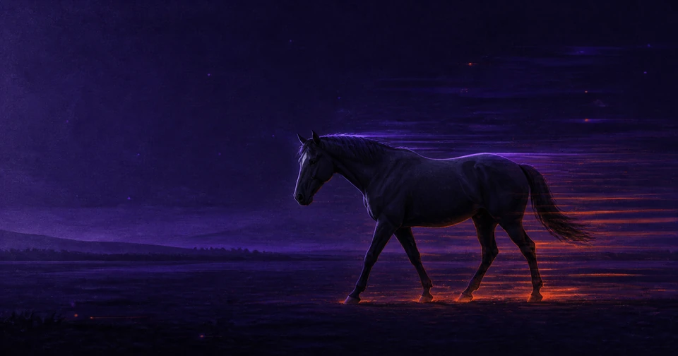 Un cheval sombre avance dans la nuit violette, des braises orange sous ses sabots et une traînée de lumière derrière lui