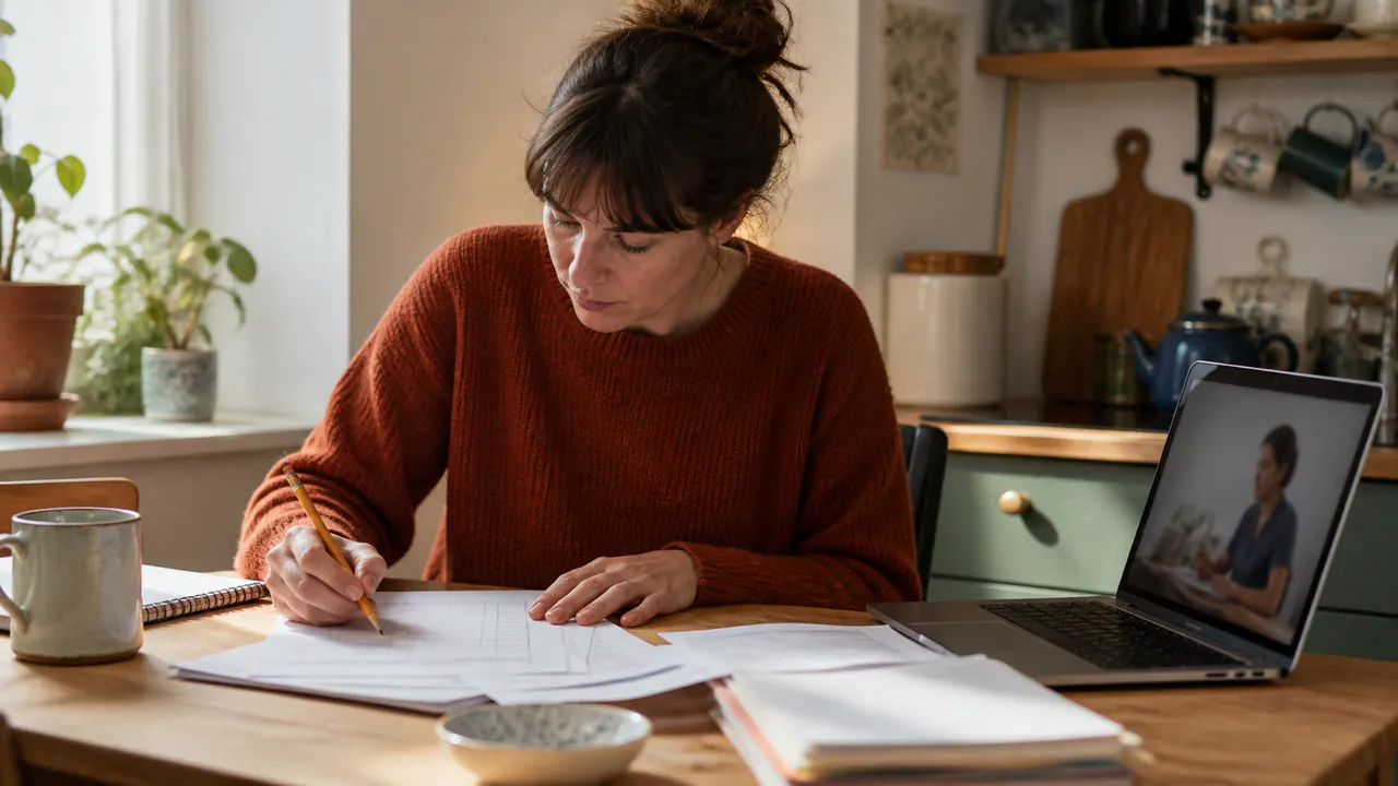 Une femme avance sur des papiers avec un partenaire de travail visible en visio sur le côté
