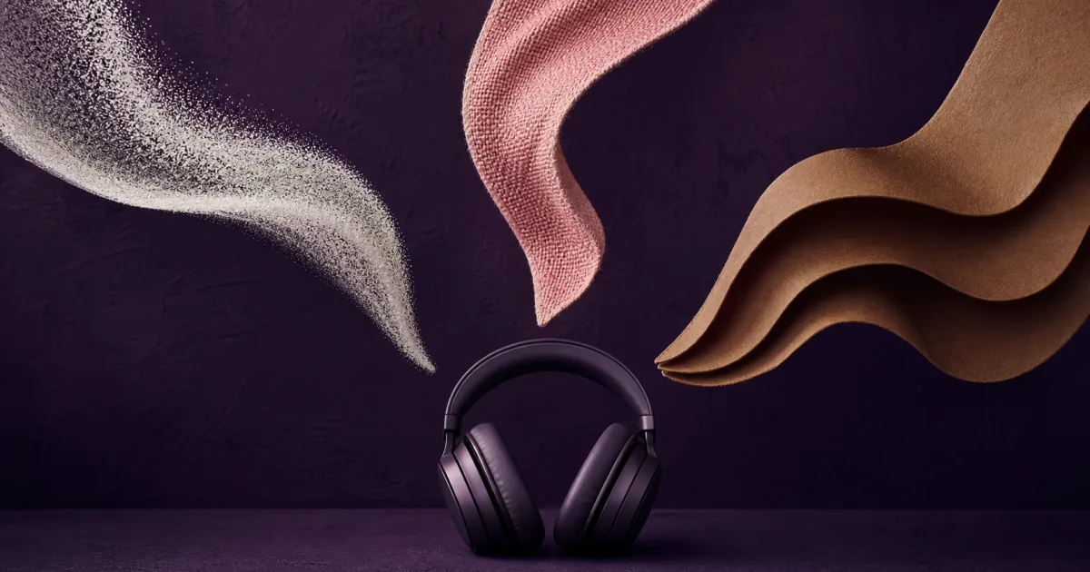 Trois rubans sonores aux textures blanche, rose et brune convergent vers un casque sur un bureau violet