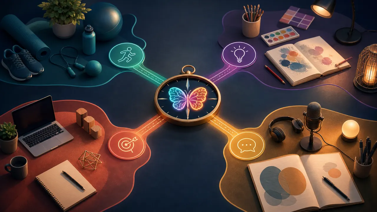 Métiers adaptés au TDAH : table organisée avec boussole papillon-cerveau et chemins vers sport, création, entrepreneuriat et prise de parole