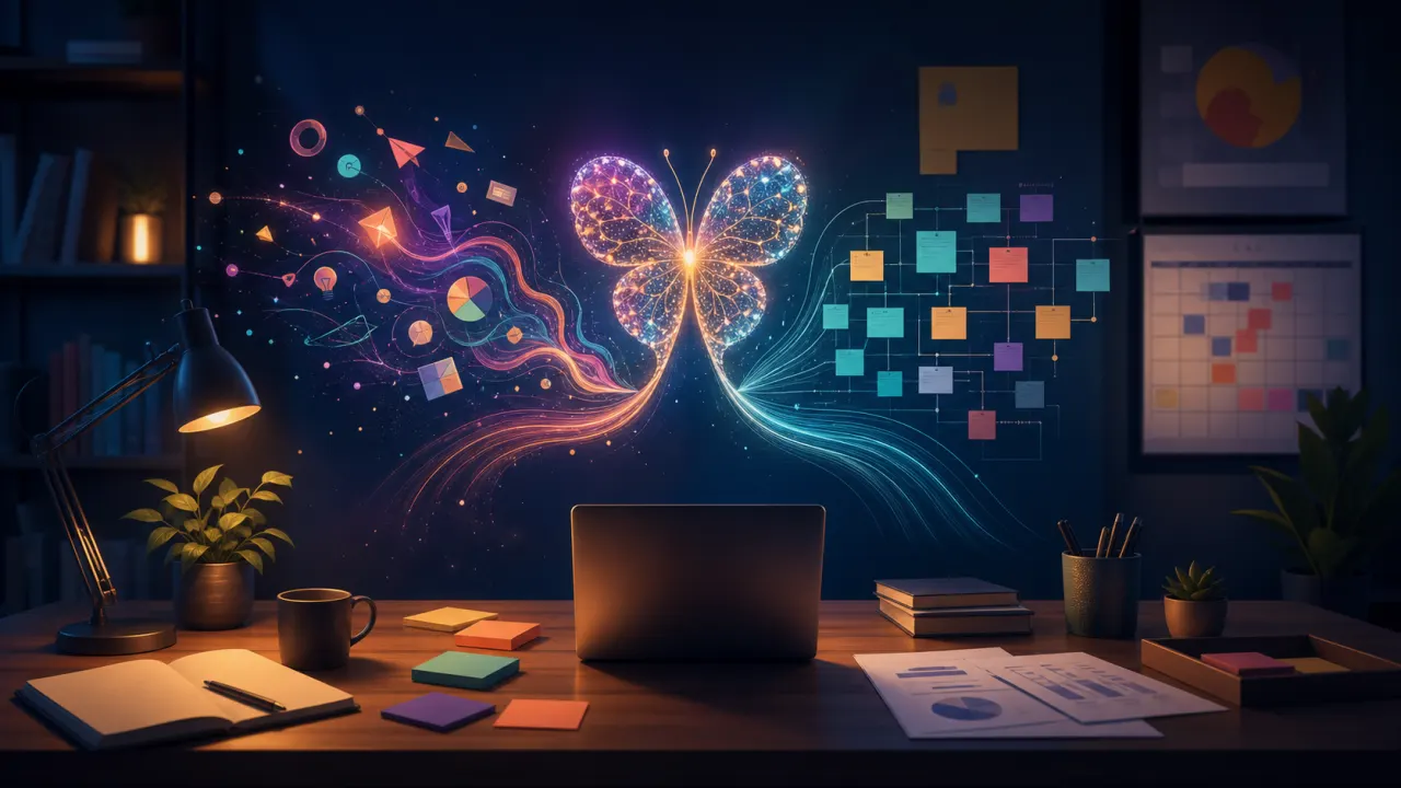 Entrepreneurs TDAH : bureau créatif avec papillon lumineux séparant flux d'idées et grille d'organisation
