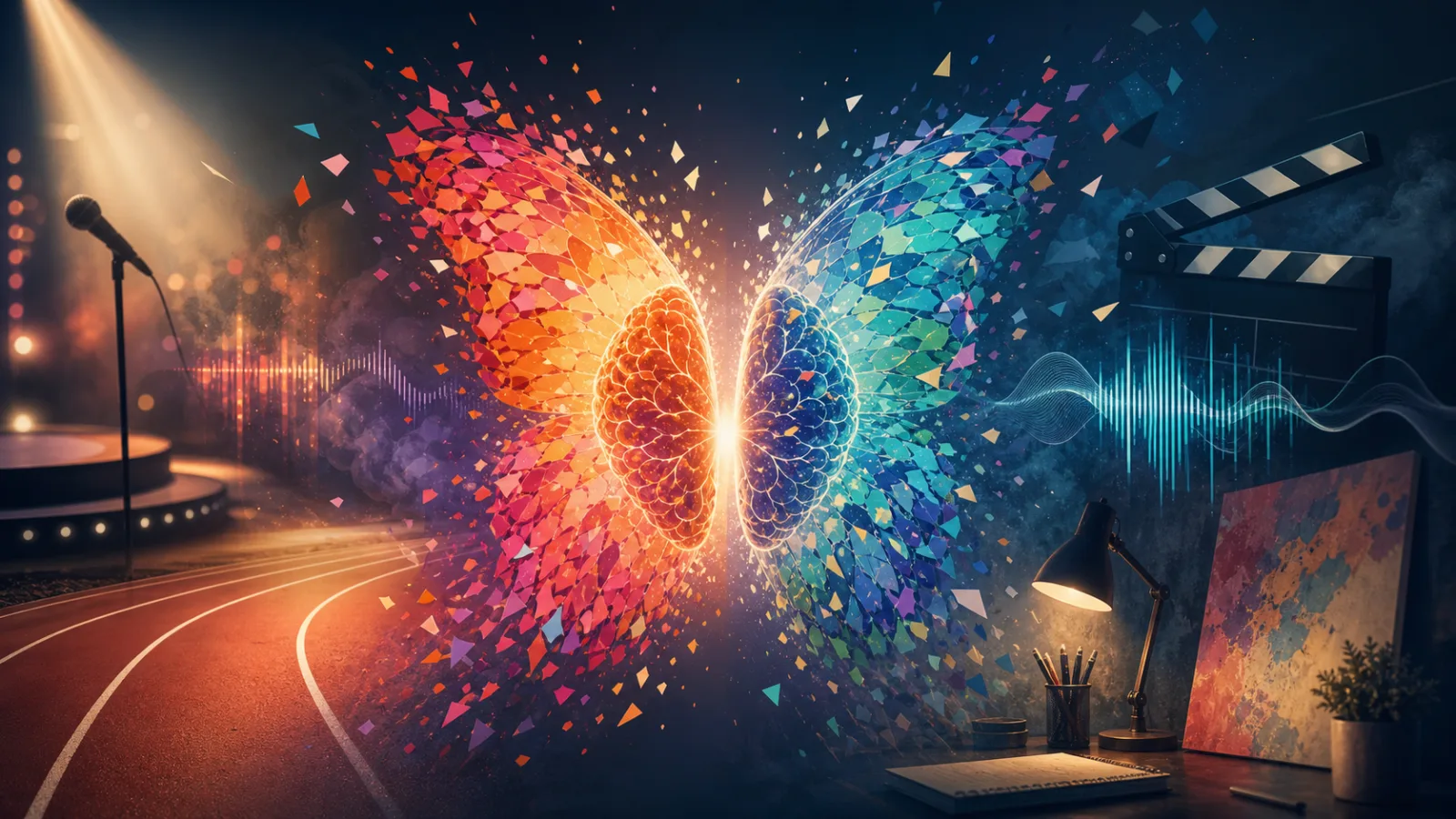 Célébrités TDAH et métiers : papillon lumineux en forme de cerveau entre micro, piste sportive, clap de cinéma, onde musicale et bureau créatif