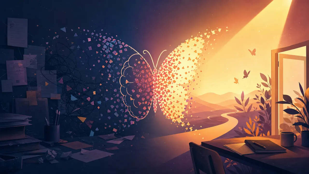 Célébrités TDAH et déstigmatisation : papillon-cerveau passant d'un espace sombre et confus vers une lumière chaude