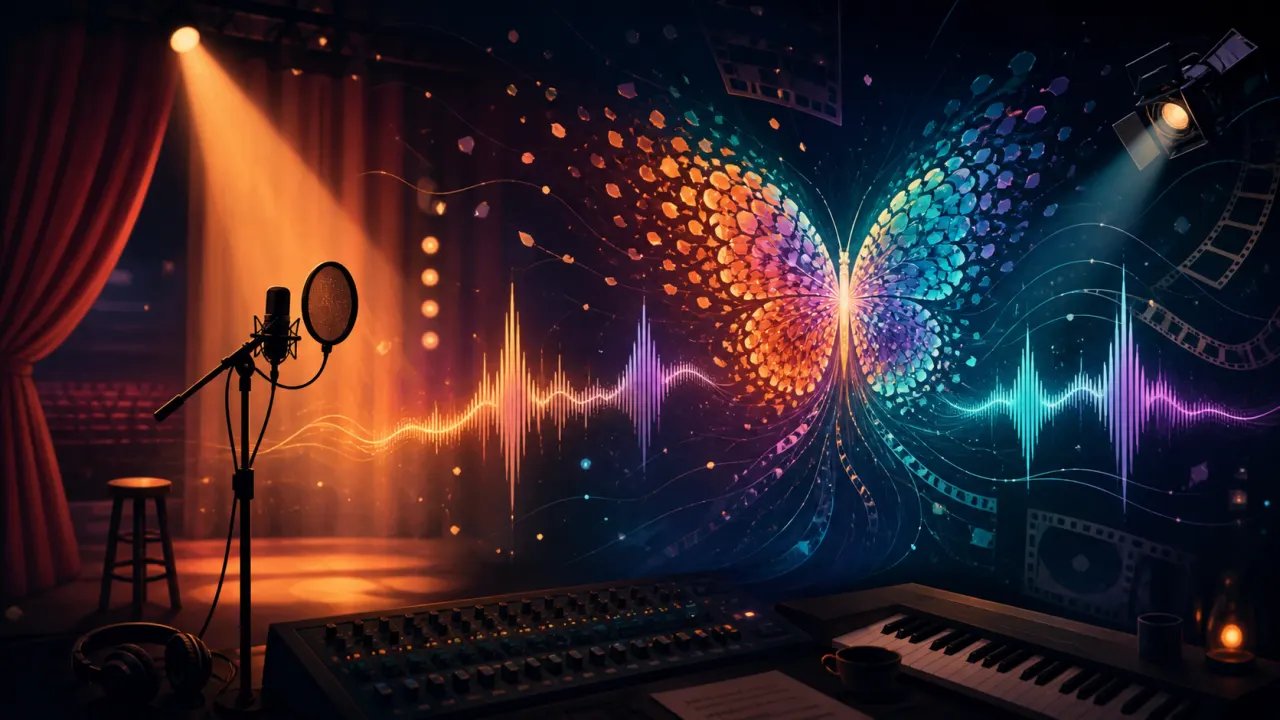 Chanteurs acteurs et humoristes TDAH : papillon lumineux et onde sonore entre micro, studio et scène