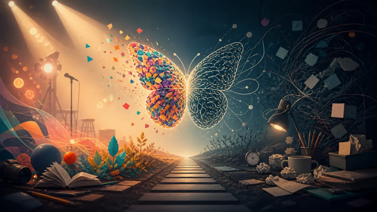 TDAH superpouvoir ou trouble : papillon-cerveau partagé entre lumière de scène et bureau sombre encombré