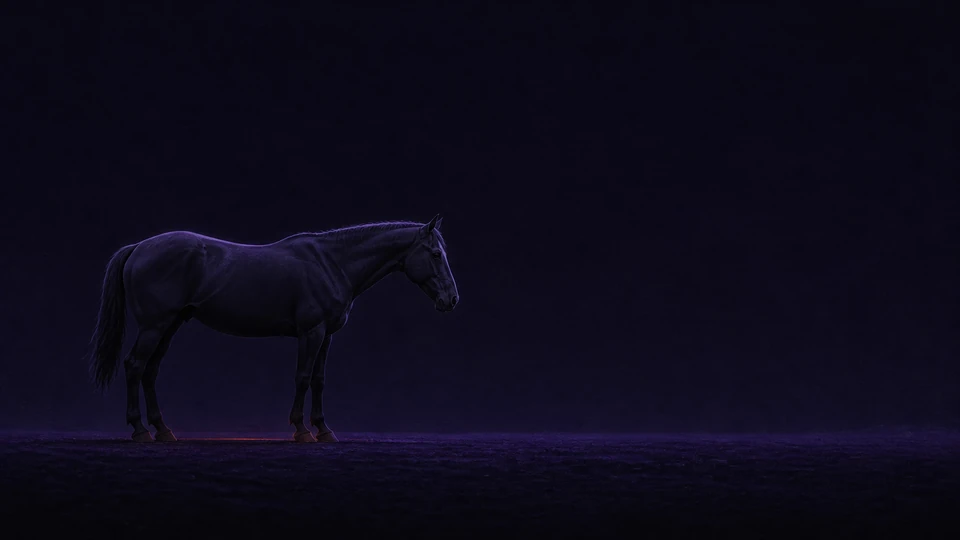Le même cheval, arrêté de profil dans une nuit violette et calme, une braise presque éteinte sous les sabots