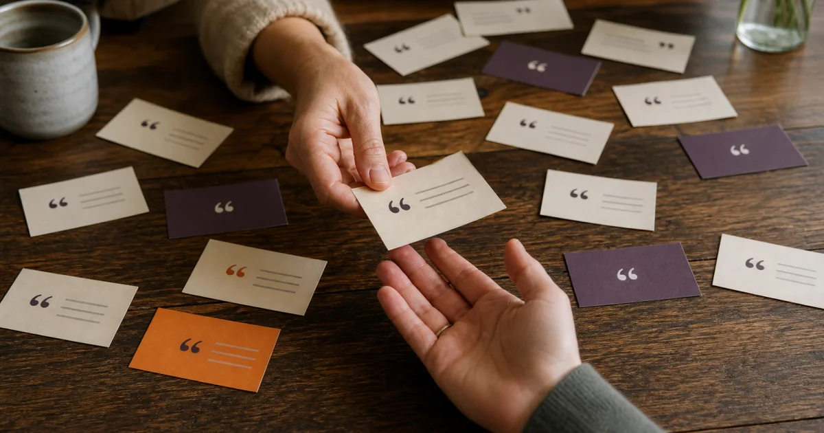 Une main choisit une carte de citation parmi plusieurs et la tend à une autre personne.