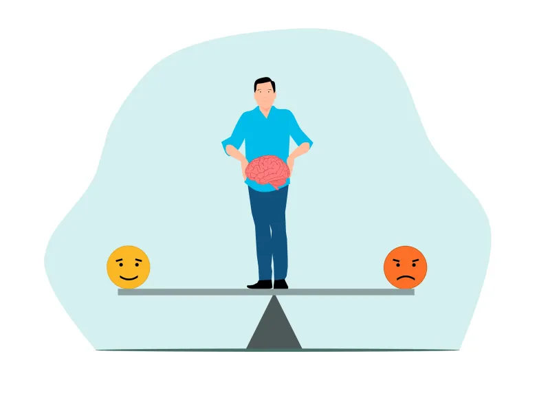 Personne en equilibre entre emotions positives et negatives, tenant un cerveau — metaphore de la regulation emotionnelle et des strategies pour reprendre le controle