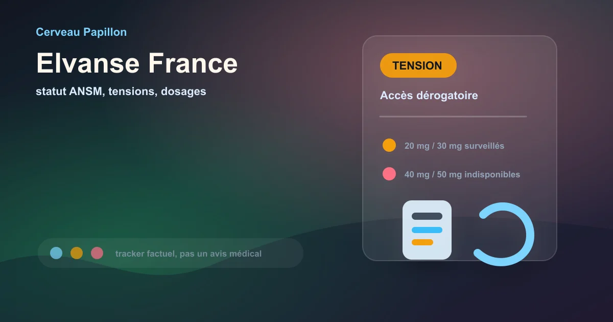 Illustration éditoriale du statut Elvanse France avec suivi ANSM, tensions de stock et dosages