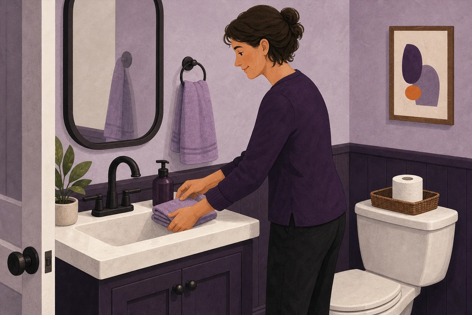 Un adulte prépare un lavabo dégagé avec savon, serviette propre et papier toilette accessible.