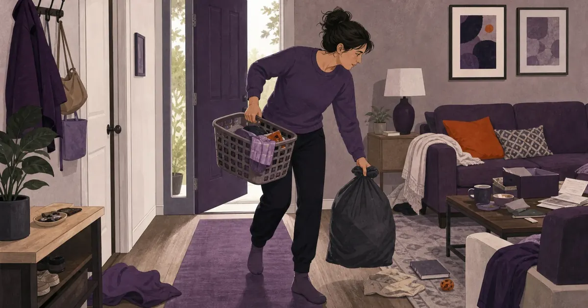 Avant l’arrivée des invités, un adulte libère le passage avec un seul panier de transit et un sac poubelle.