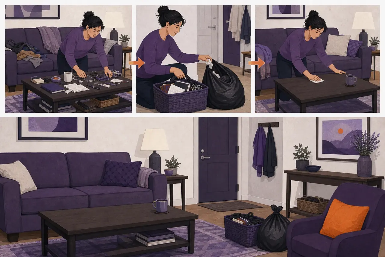 Un adulte dégage une assise et la table basse en séparant les objets dans un panier et les déchets dans un sac.