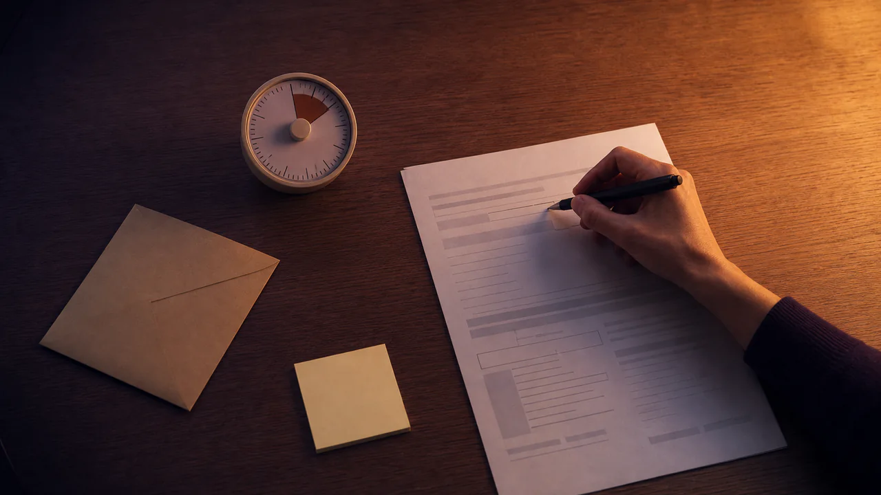 Main remplissant le premier champ d’un document à côté d’un minuteur, d’une enveloppe et d’un pense-bête vierge.