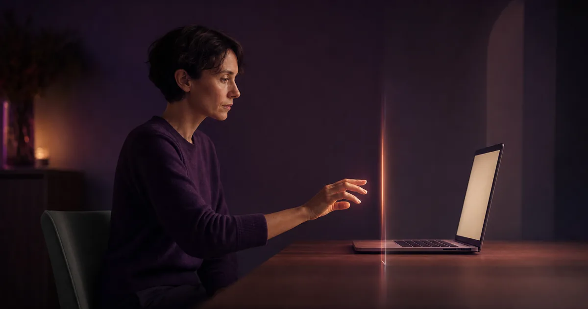 Adulte devant un ordinateur, la main arrêtée par un seuil lumineux avant le premier geste
