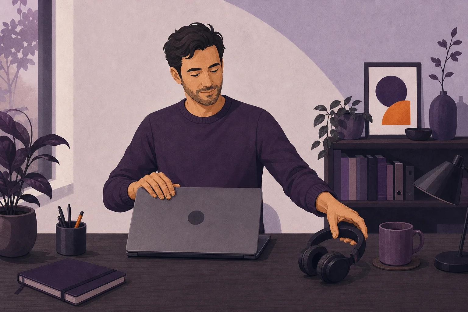 Un adulte ferme son ordinateur et pose son casque après le repère sonore de fin.