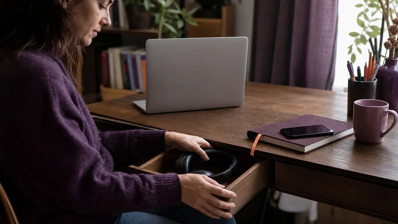 Avant de commencer une tâche d’écriture, une personne range son casque dans un tiroir et laisse son téléphone face cachée.