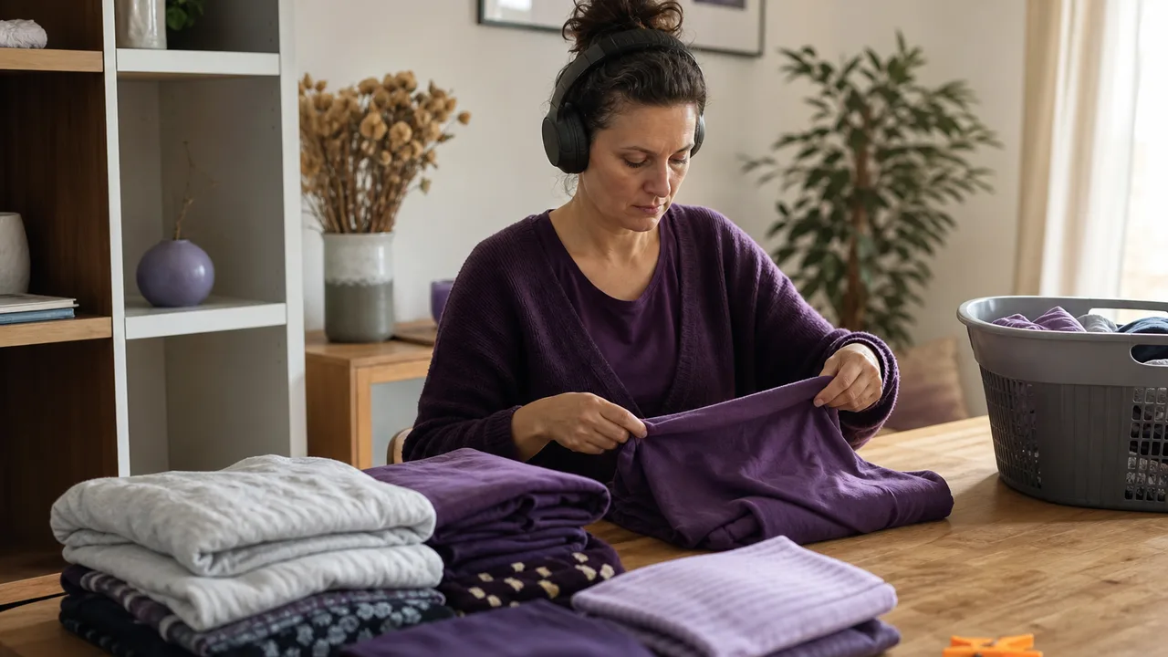 Une personne avance dans le pliage du linge tout en écoutant au casque, sans manipuler son téléphone.