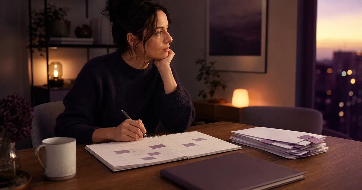 Adulte devant un calendrier hebdomadaire et une pile de dossiers reportés