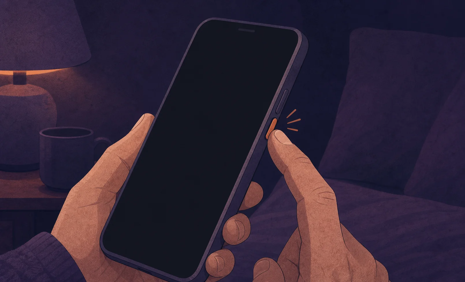 Une main appuie sur le bouton latéral du téléphone pour éteindre l’écran et fermer le flux.