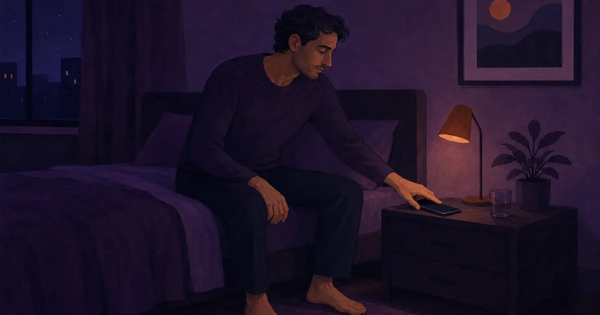 La nuit, un adulte pose son téléphone face contre la table de chevet pour sortir du défilement.