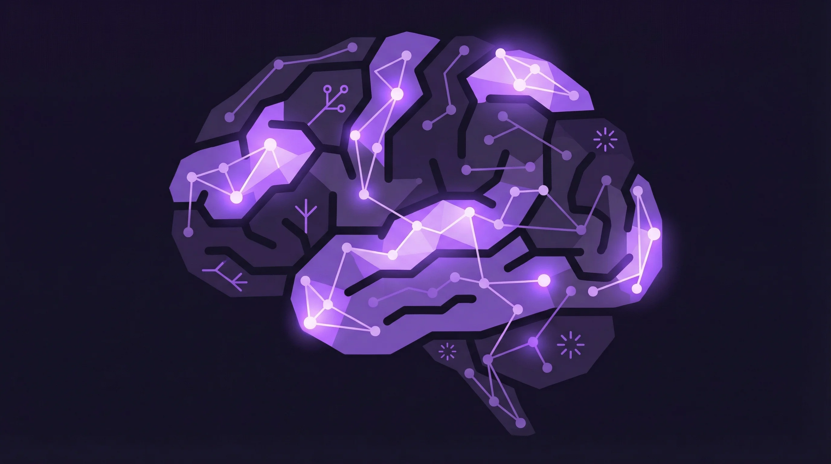 Schéma abstrait d'un cerveau TDAH avec zones d'activation irrégulières en violet — illustration des patterns attentionnels neurodivergents