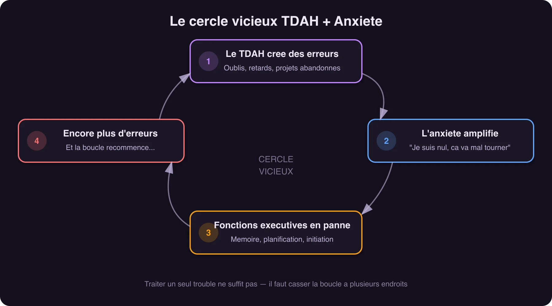 Schema du cercle vicieux TDAH-anxiete montrant comment les echecs du TDAH alimentent l'anxiete, qui aggrave les fonctions executives, creant plus d'echecs