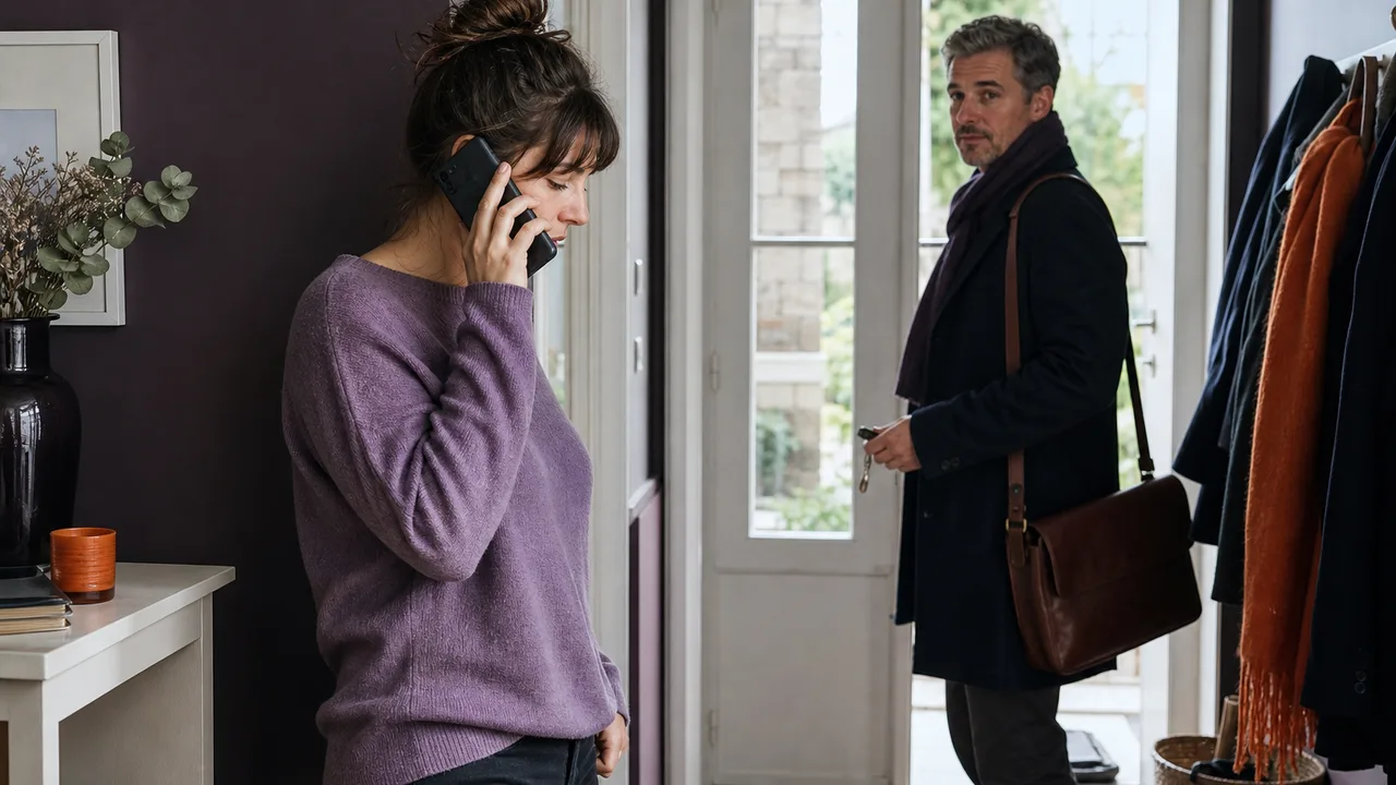 Un adulte confirme une information par téléphone pendant qu’une autre personne attend près de la porte.