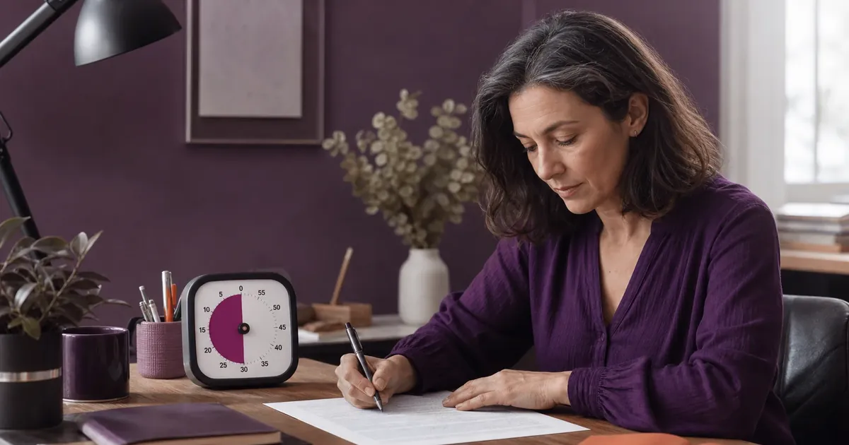 Une professionnelle travaille sur une tâche choisie avec un timer visuel placé dans son champ.